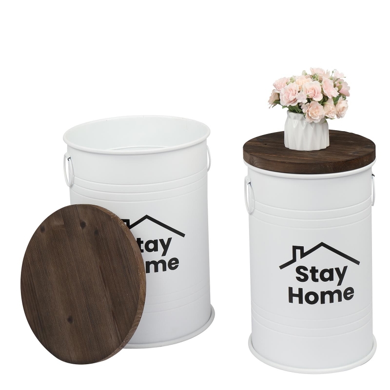 SamyoHome Set of 2 Stay Home Galvanized Ash Bucket with Lid and Double Pull Rings White samyohome