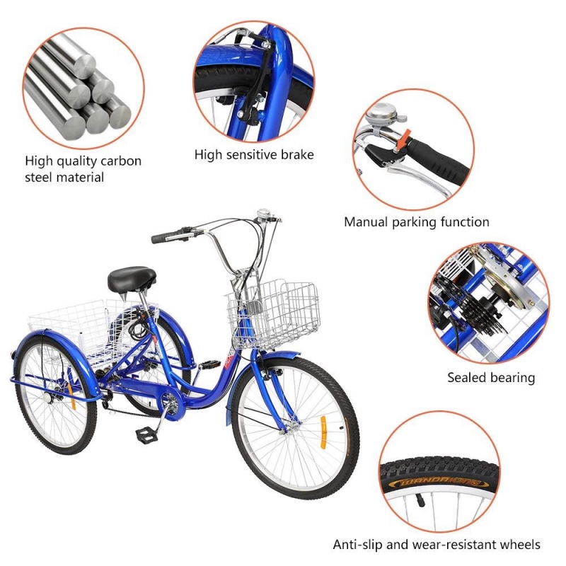Samyohome Adult Tricycle Three Wheel Cruiser Bike Blue 26 Wheels